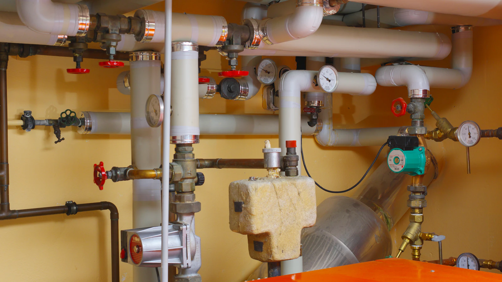 Commercial boiler plant room with heating pipework, pressure gauges, valves and a circulating pump